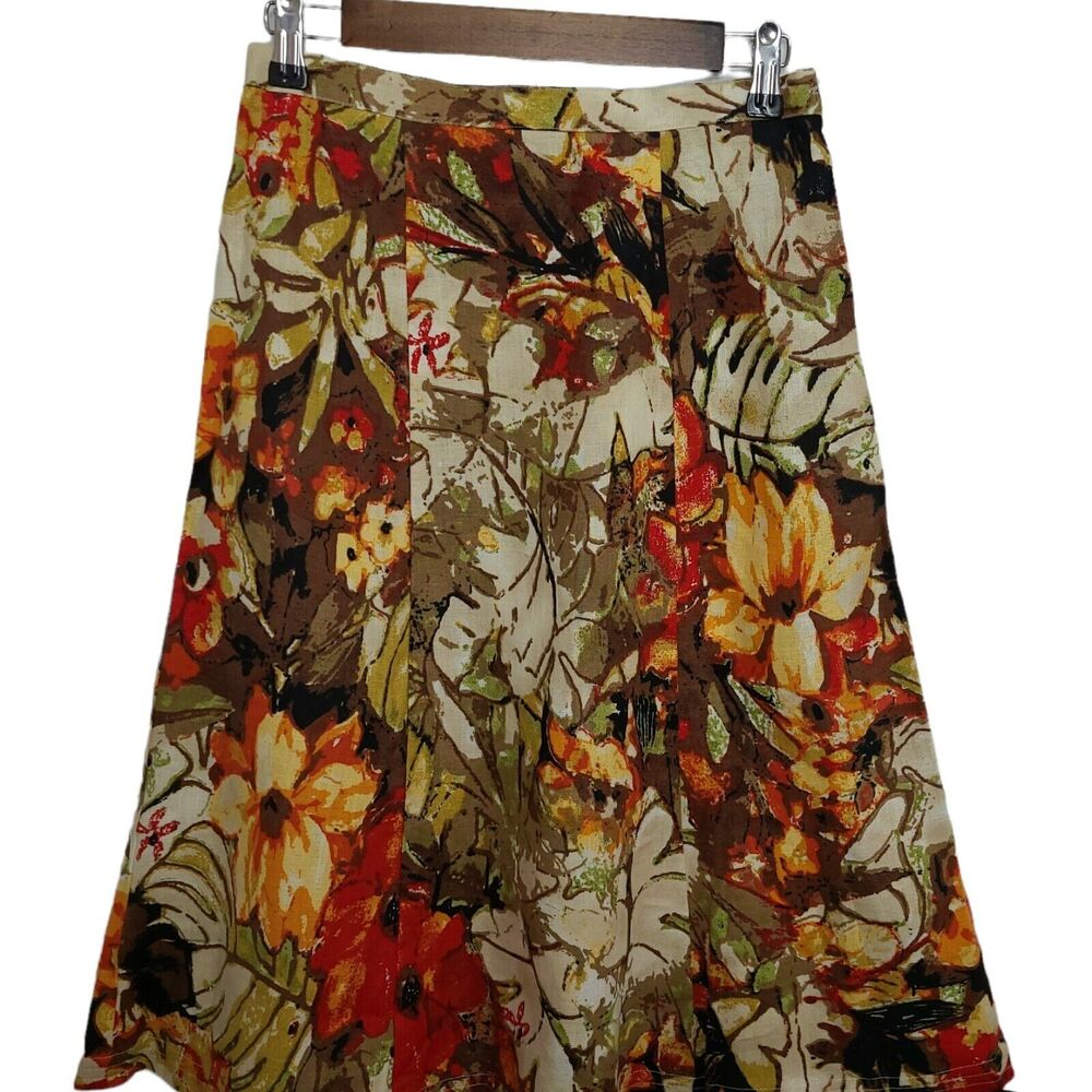 Vintage 100% Linen Fall Floral Pleated Choices Women's Skirt SZ Small A-Line